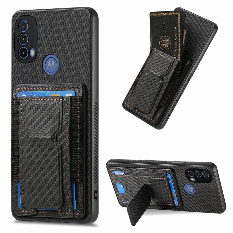 For Motorola Moto E20/E30 Carbon Fiber Fold Stand Elastic Card Bag Phone Case