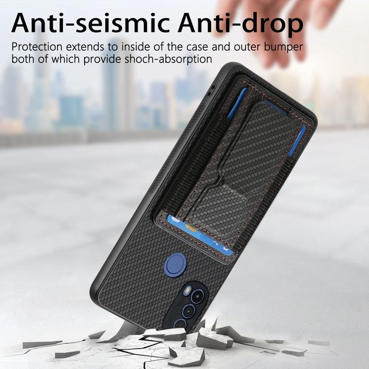 For Motorola Moto E20/E30 Carbon Fiber Fold Stand Elastic Card Bag Phone Case