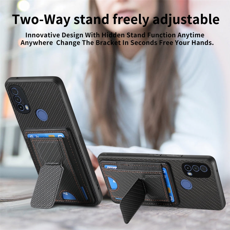 For Motorola Moto E20/E30 Carbon Fiber Fold Stand Elastic Card Bag Phone Case
