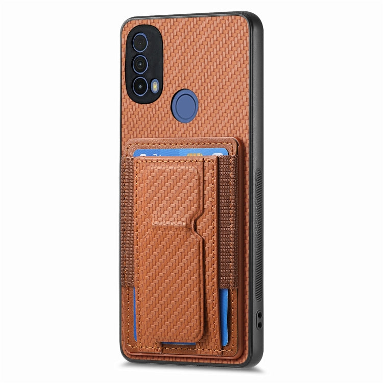 For Motorola Moto E20/E30 Carbon Fiber Fold Stand Elastic Card Bag Phone Case