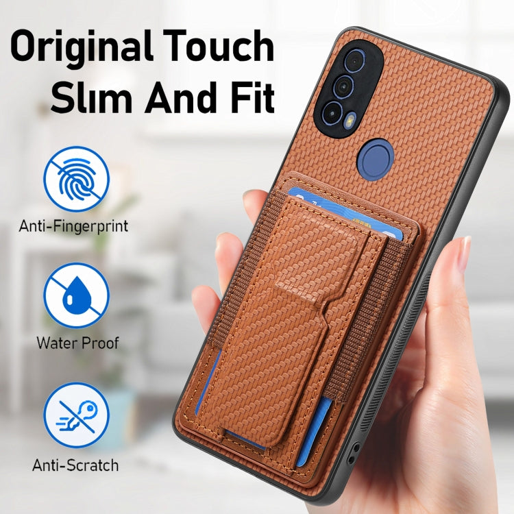 For Motorola Moto E20/E30 Carbon Fiber Fold Stand Elastic Card Bag Phone Case