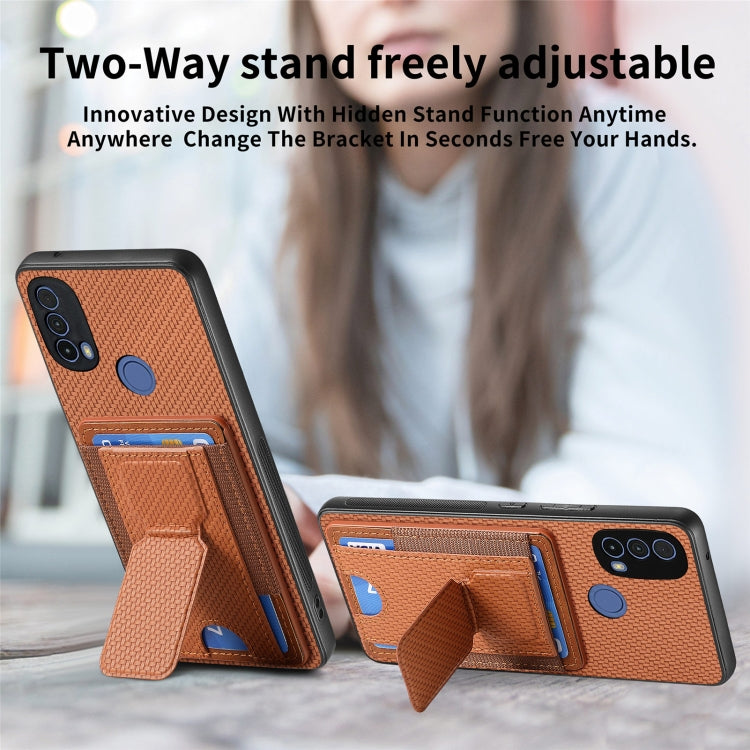For Motorola Moto E20/E30 Carbon Fiber Fold Stand Elastic Card Bag Phone Case
