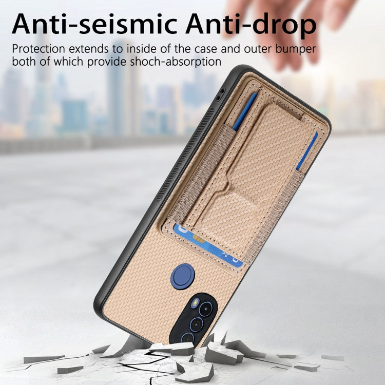 For Motorola Moto E20/E30 Carbon Fiber Fold Stand Elastic Card Bag Phone Case