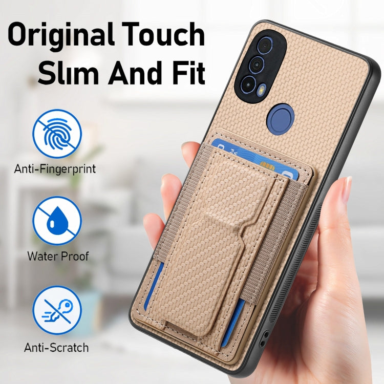 For Motorola Moto E20/E30 Carbon Fiber Fold Stand Elastic Card Bag Phone Case