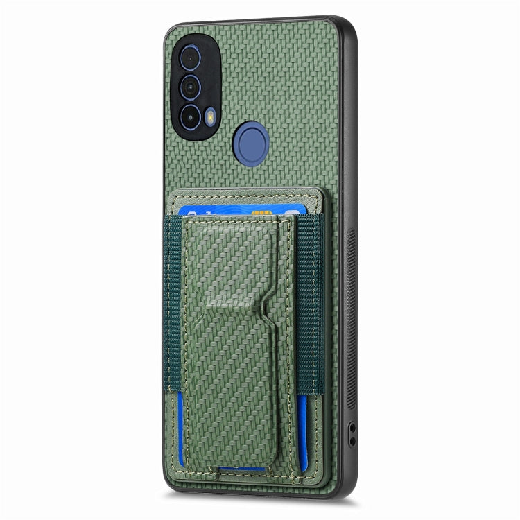 For Motorola Moto E20/E30 Carbon Fiber Fold Stand Elastic Card Bag Phone Case