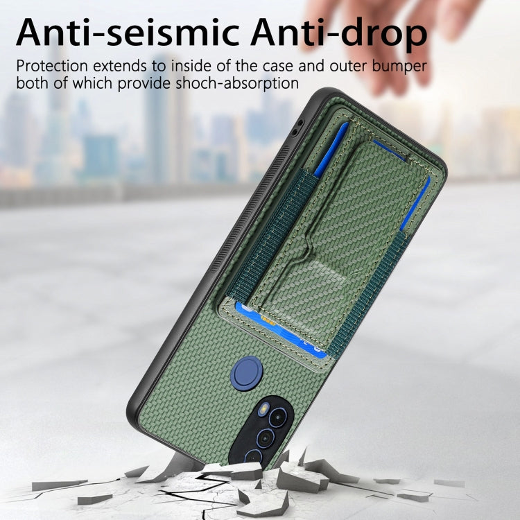 For Motorola Moto E20/E30 Carbon Fiber Fold Stand Elastic Card Bag Phone Case