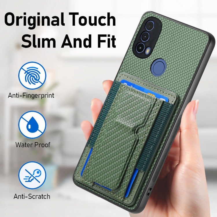 For Motorola Moto E20/E30 Carbon Fiber Fold Stand Elastic Card Bag Phone Case