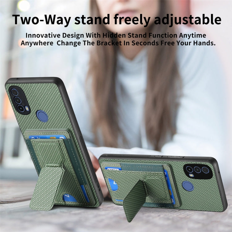 For Motorola Moto E20/E30 Carbon Fiber Fold Stand Elastic Card Bag Phone Case