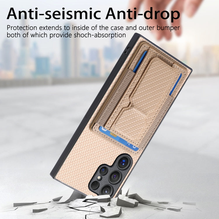 For Samsung Galaxy S24 Ultra 5G Carbon Fiber Fold Stand Elastic Card Bag Phone Case