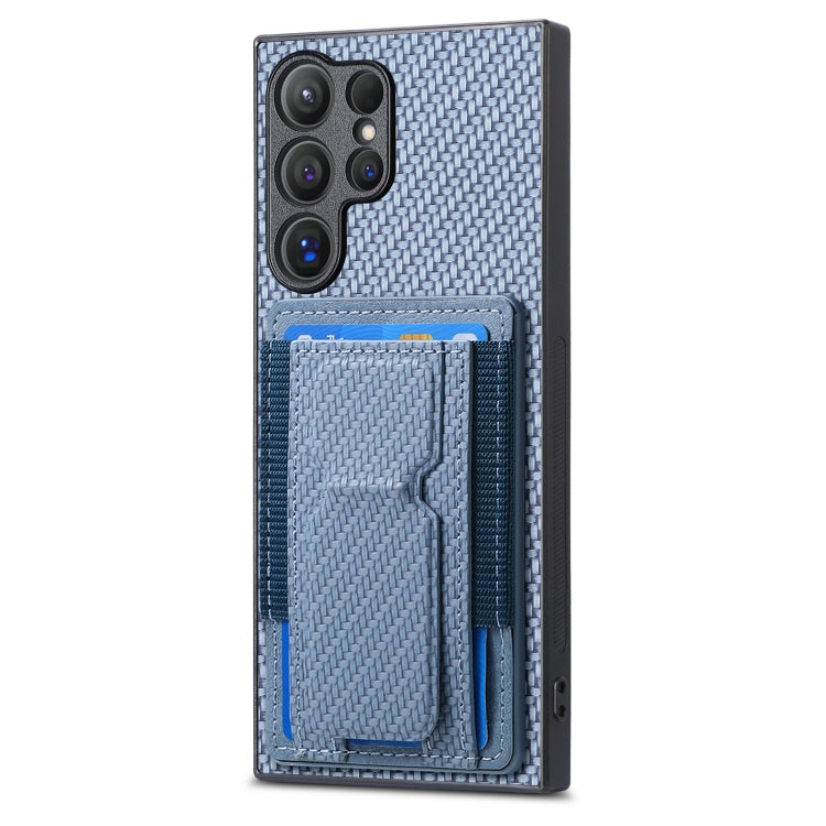 For Samsung Galaxy S22 Ultra 5G Carbon Fiber Fold Stand Elastic Card Bag Phone Case