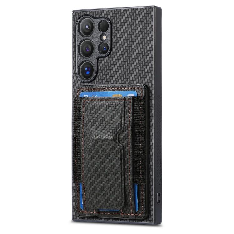 For Samsung Galaxy S22 Ultra 5G Carbon Fiber Fold Stand Elastic Card Bag Phone Case