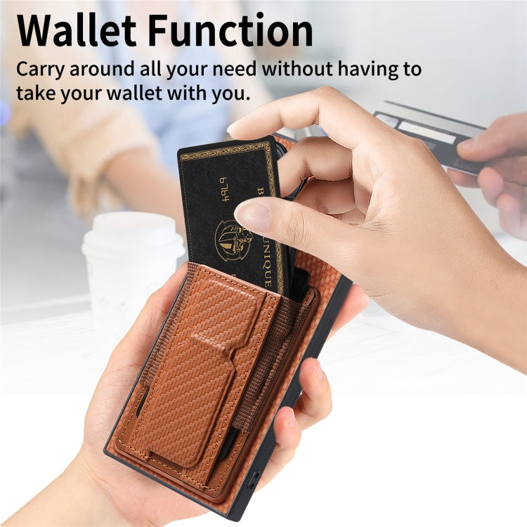 For Samsung Galaxy S22 Ultra 5G Carbon Fiber Fold Stand Elastic Card Bag Phone Case