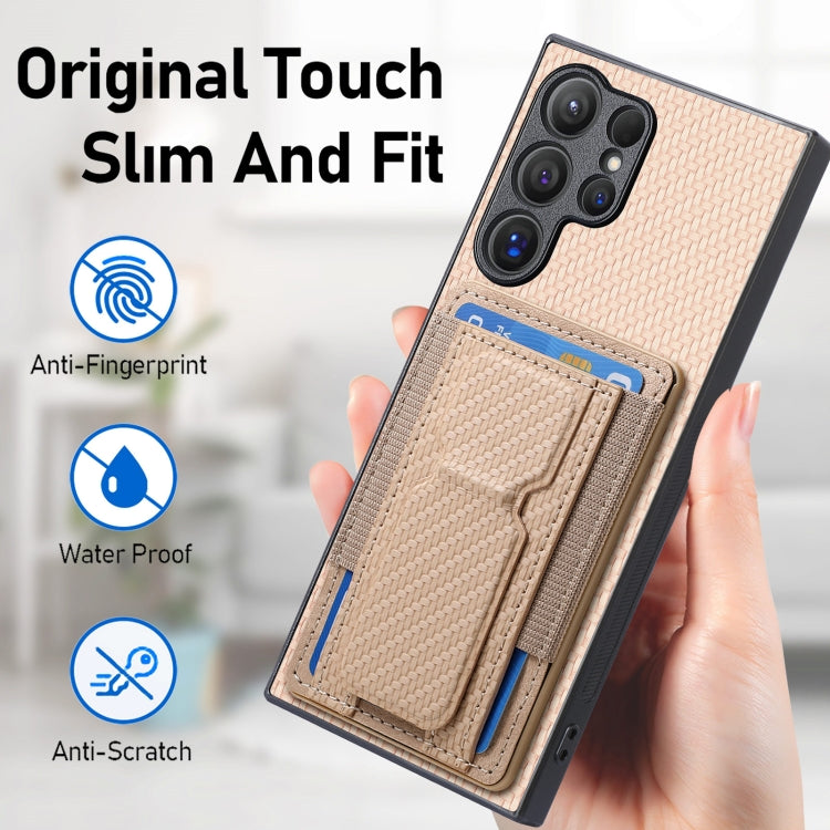 For Samsung Galaxy S22 Ultra 5G Carbon Fiber Fold Stand Elastic Card Bag Phone Case