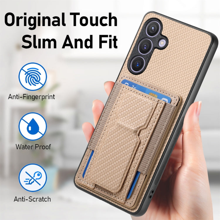 For Samsung Galaxy S22 5G Carbon Fiber Fold Stand Elastic Card Bag Phone Case
