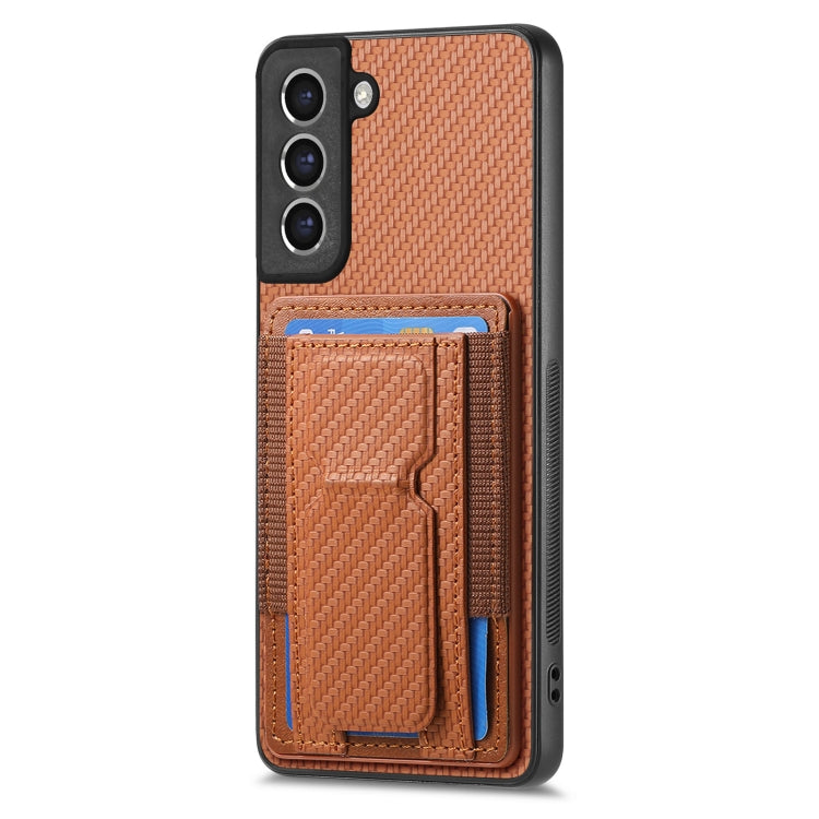 For Samsung Galaxy S21 FE 5G Carbon Fiber Fold Stand Elastic Card Bag Phone Case