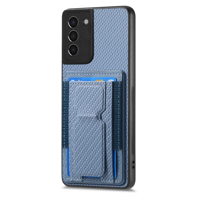 For Samsung Galaxy S21+ 5G Carbon Fiber Fold Stand Elastic Card Bag Phone Case