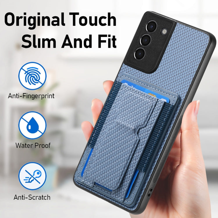 For Samsung Galaxy S21+ 5G Carbon Fiber Fold Stand Elastic Card Bag Phone Case