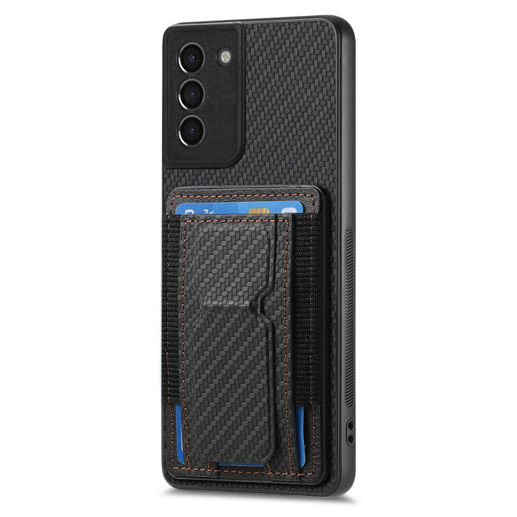 For Samsung Galaxy S21+ 5G Carbon Fiber Fold Stand Elastic Card Bag Phone Case