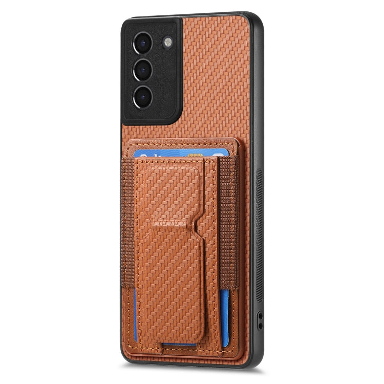 For Samsung Galaxy S21+ 5G Carbon Fiber Fold Stand Elastic Card Bag Phone Case