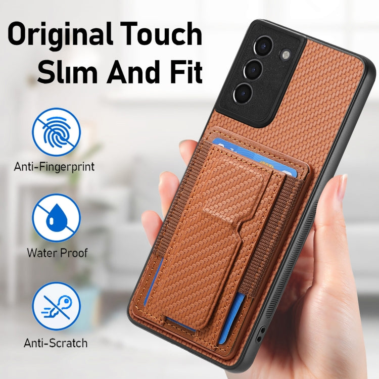 For Samsung Galaxy S21+ 5G Carbon Fiber Fold Stand Elastic Card Bag Phone Case