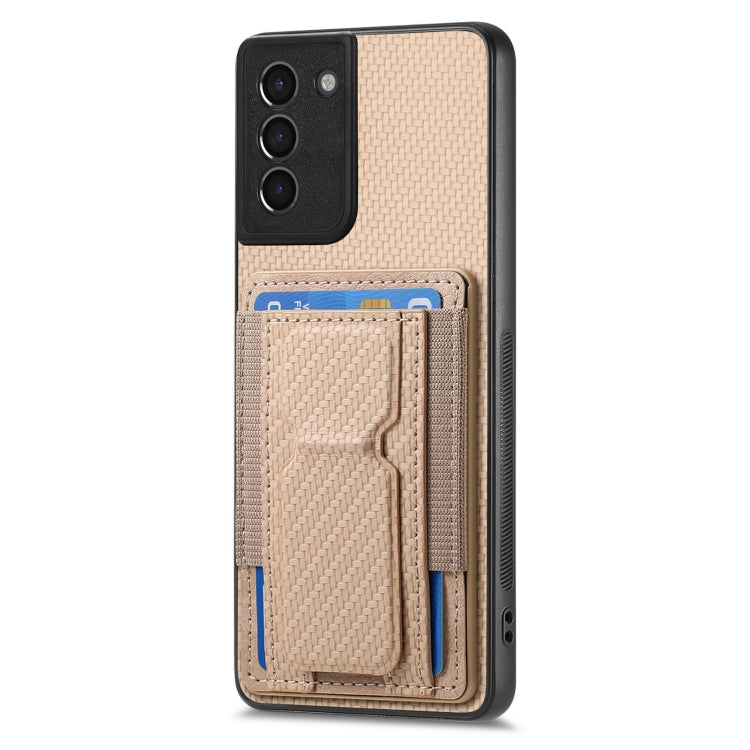 For Samsung Galaxy S21+ 5G Carbon Fiber Fold Stand Elastic Card Bag Phone Case