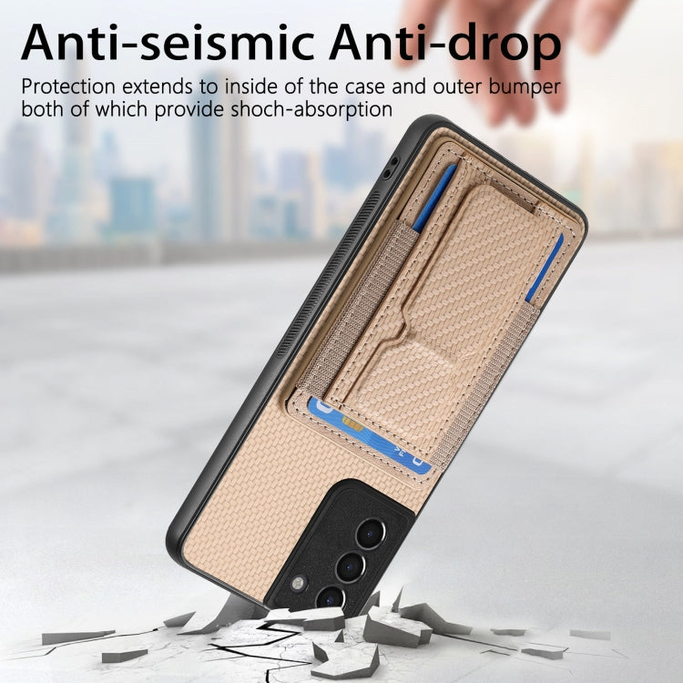 For Samsung Galaxy S21+ 5G Carbon Fiber Fold Stand Elastic Card Bag Phone Case