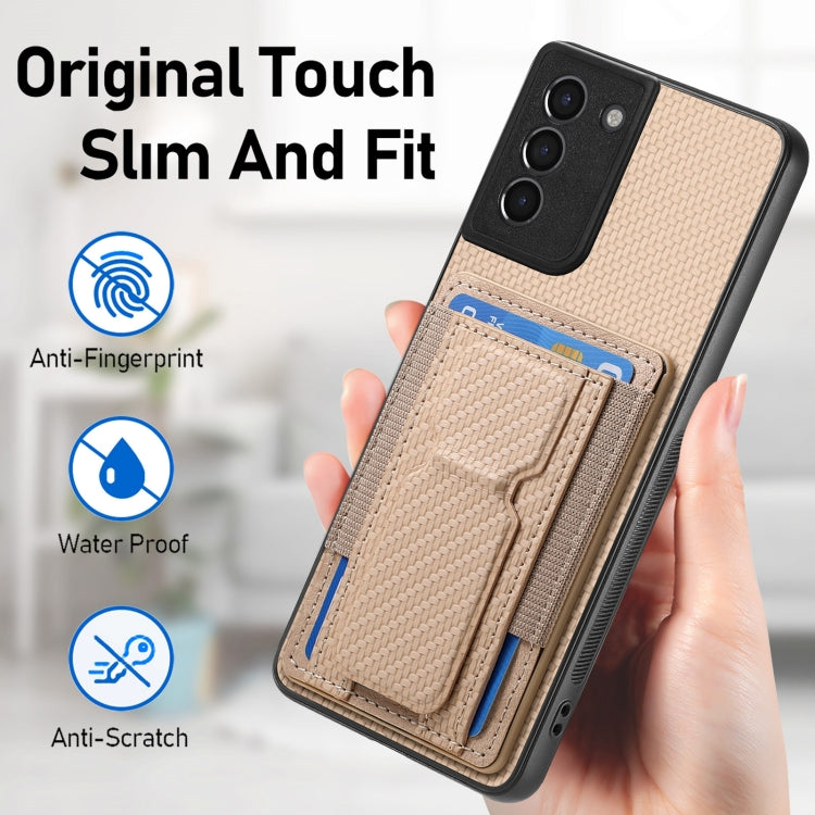 For Samsung Galaxy S21+ 5G Carbon Fiber Fold Stand Elastic Card Bag Phone Case