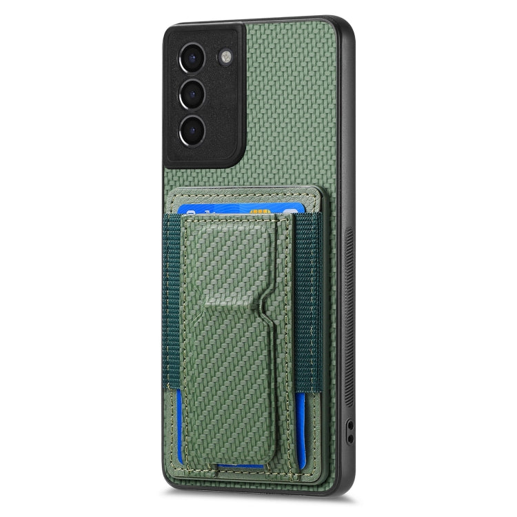 For Samsung Galaxy S21+ 5G Carbon Fiber Fold Stand Elastic Card Bag Phone Case