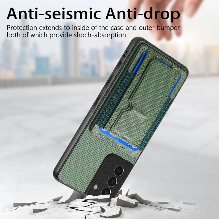 For Samsung Galaxy S21+ 5G Carbon Fiber Fold Stand Elastic Card Bag Phone Case