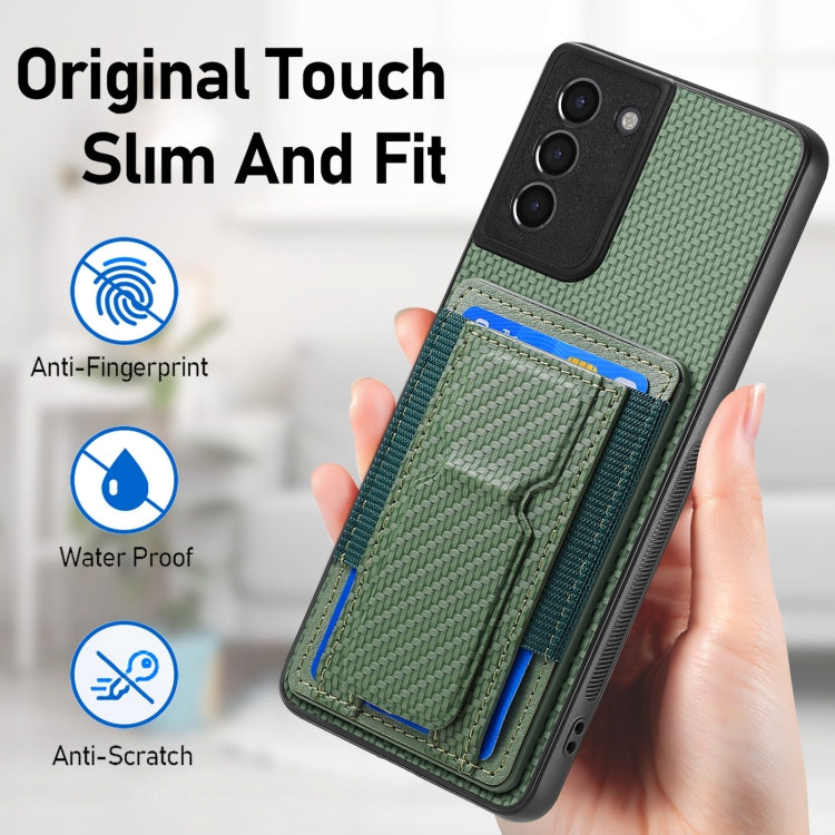 For Samsung Galaxy S21+ 5G Carbon Fiber Fold Stand Elastic Card Bag Phone Case