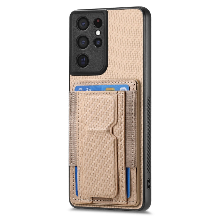 For Samsung Galaxy S21 Ultra 5G Carbon Fiber Fold Stand Elastic Card Bag Phone Case