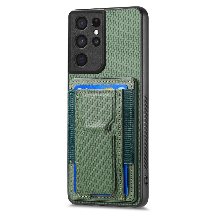 For Samsung Galaxy S21 Ultra 5G Carbon Fiber Fold Stand Elastic Card Bag Phone Case