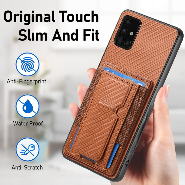 For Samsung Galaxy A21s Carbon Fiber Fold Stand Elastic Card Bag Phone Case