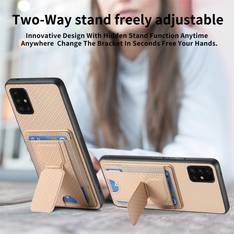 For Samsung Galaxy A21s Carbon Fiber Fold Stand Elastic Card Bag Phone Case