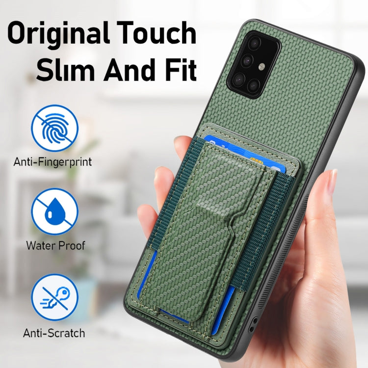 For Samsung Galaxy A21s Carbon Fiber Fold Stand Elastic Card Bag Phone Case