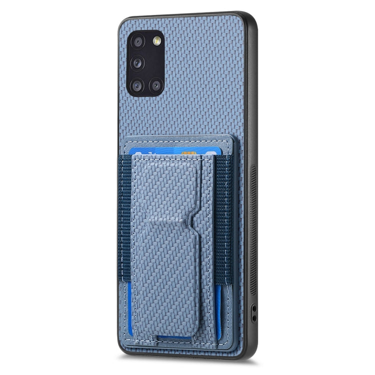 For Samsung Galaxy A31 Carbon Fiber Fold Stand Elastic Card Bag Phone Case