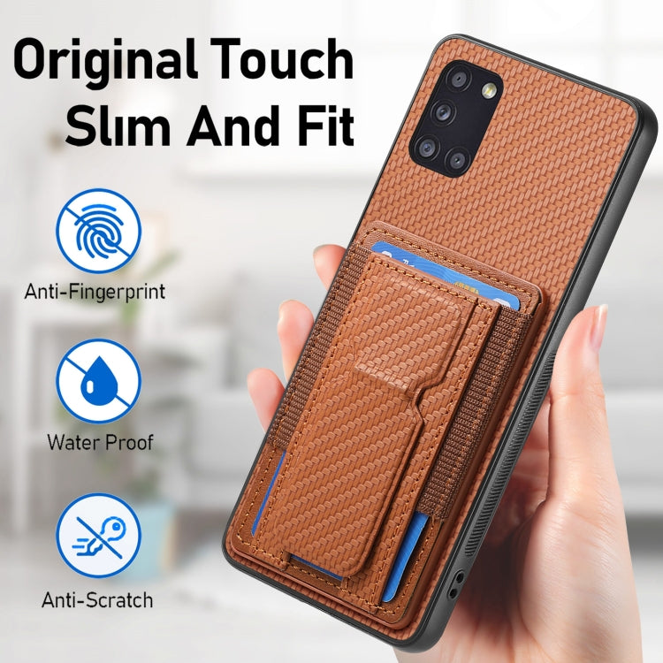 For Samsung Galaxy A31 Carbon Fiber Fold Stand Elastic Card Bag Phone Case