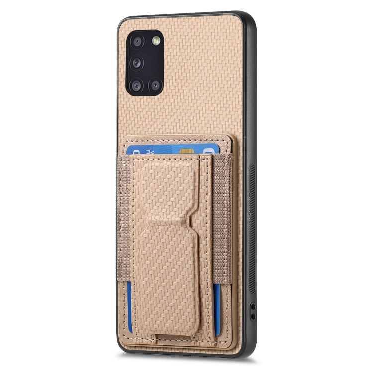 For Samsung Galaxy A31 Carbon Fiber Fold Stand Elastic Card Bag Phone Case