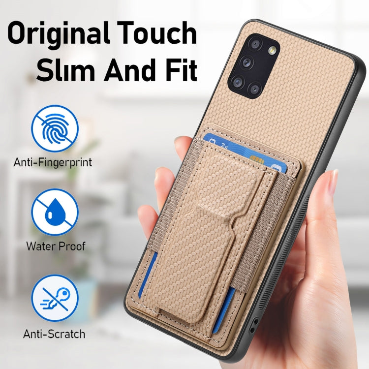 For Samsung Galaxy A31 Carbon Fiber Fold Stand Elastic Card Bag Phone Case