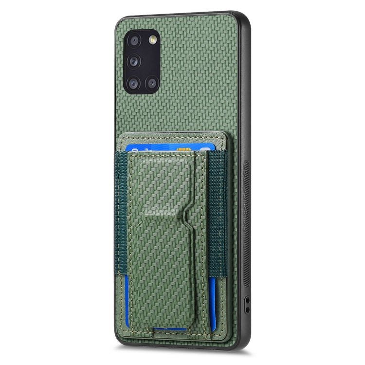 For Samsung Galaxy A31 Carbon Fiber Fold Stand Elastic Card Bag Phone Case
