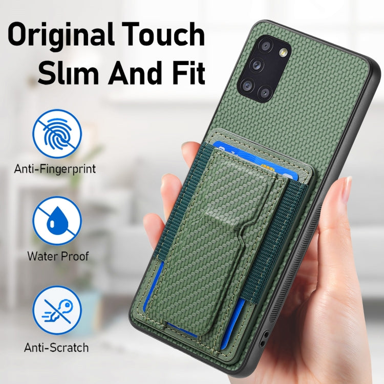 For Samsung Galaxy A31 Carbon Fiber Fold Stand Elastic Card Bag Phone Case
