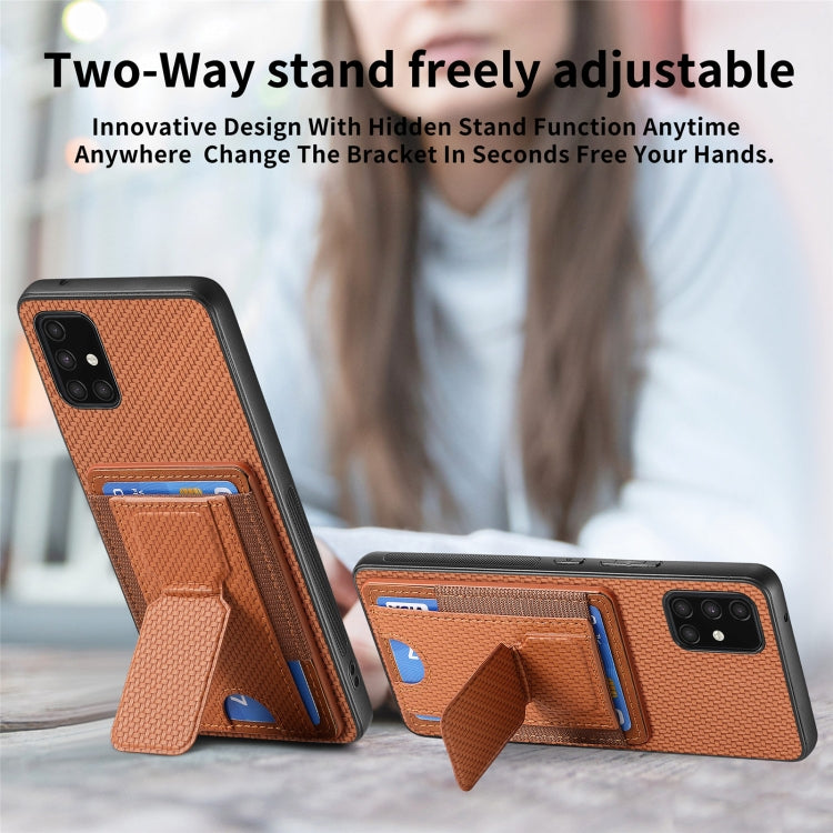 For Samsung Galaxy A71 4G Carbon Fiber Fold Stand Elastic Card Bag Phone Case