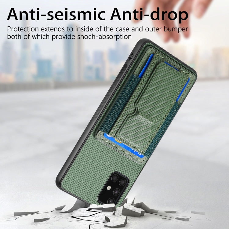 For Samsung Galaxy A71 4G Carbon Fiber Fold Stand Elastic Card Bag Phone Case