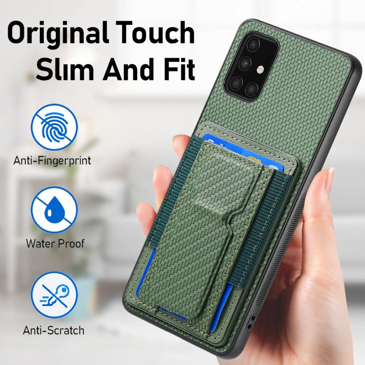 For Samsung Galaxy A71 4G Carbon Fiber Fold Stand Elastic Card Bag Phone Case