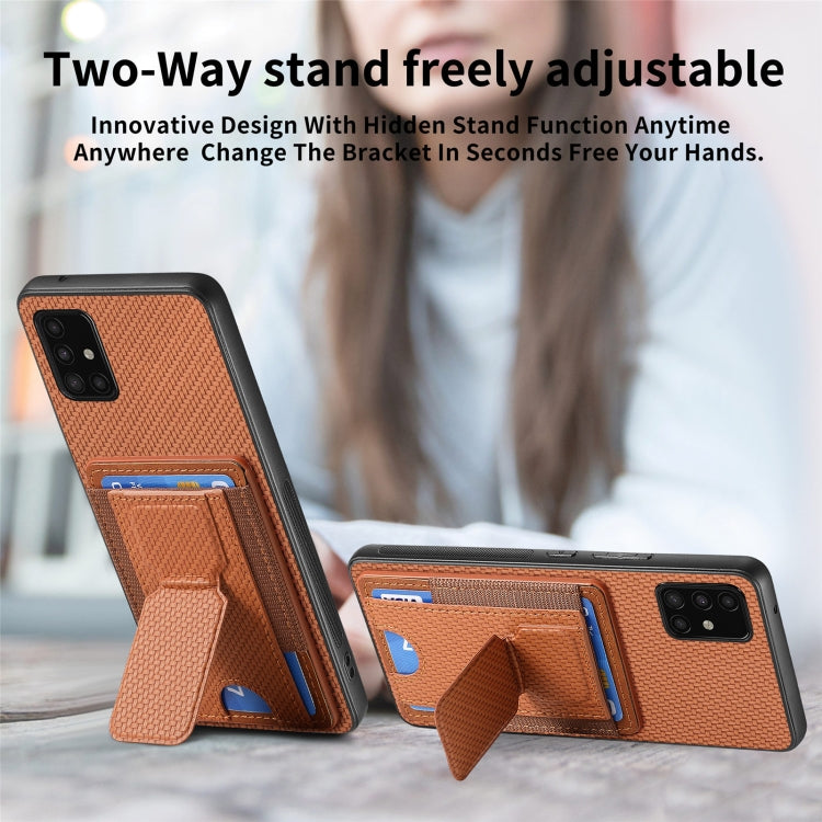 For Samsung Galaxy A51 4G Carbon Fiber Fold Stand Elastic Card Bag Phone Case