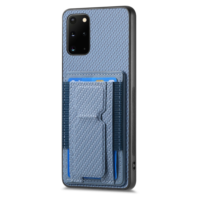 For Samsung Galaxy S20+ Carbon Fiber Fold Stand Elastic Card Bag Phone Case