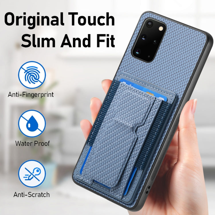 For Samsung Galaxy S20+ Carbon Fiber Fold Stand Elastic Card Bag Phone Case