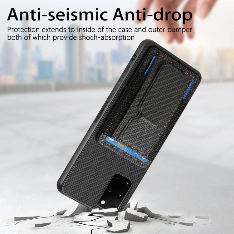 For Samsung Galaxy S20+ Carbon Fiber Fold Stand Elastic Card Bag Phone Case