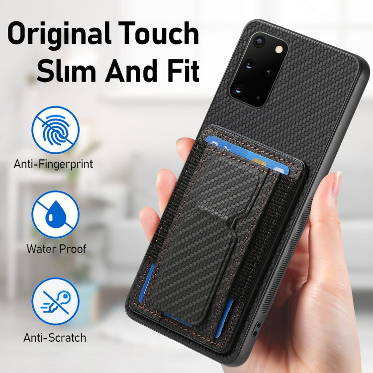 For Samsung Galaxy S20+ Carbon Fiber Fold Stand Elastic Card Bag Phone Case