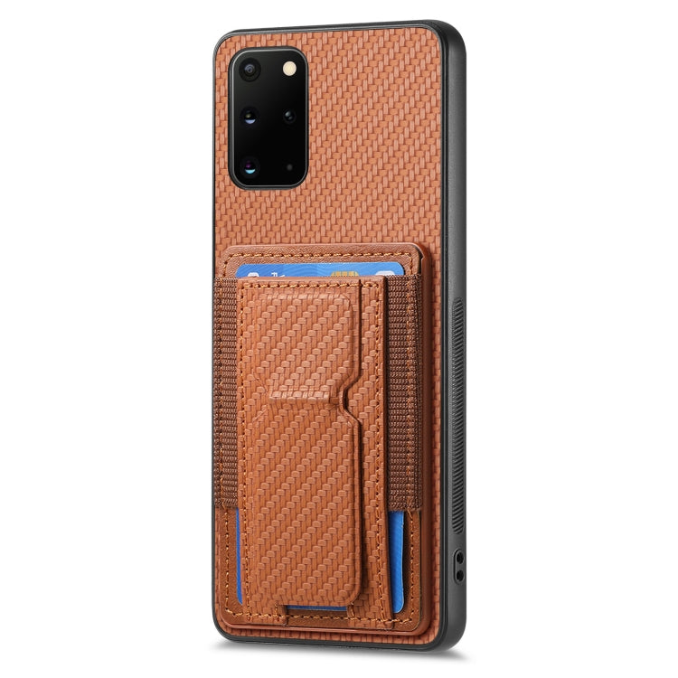 For Samsung Galaxy S20+ Carbon Fiber Fold Stand Elastic Card Bag Phone Case